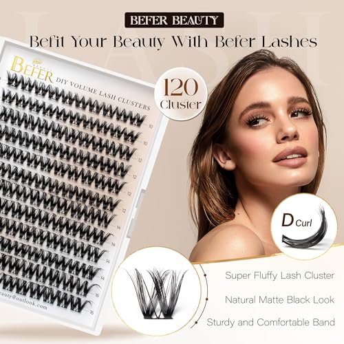 BEFER Lash Clusters Kit, 120 Pcs D Curl Eyelash Clusters Volume Individual Lashes Extensions 10-16MM Fluffy Cluster Eyelash Wispy Cluster Lashes DIY At Home(Seraphic,FD43,Kit)