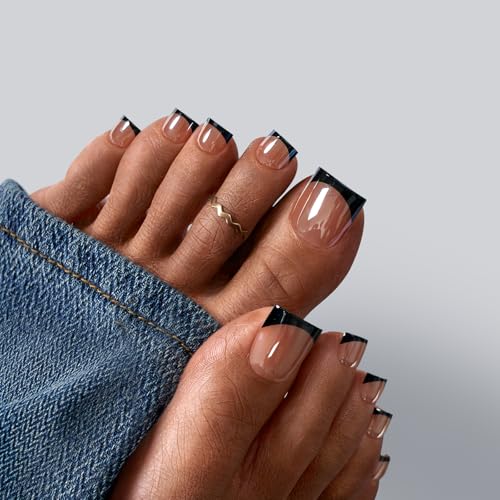 BTArtbox Press On Toenails - Real Square Glaze Black French Tip Toe Nail Press Ons with Glue for Women, Opaque Fake Toe Nail Tips in 15 Sizes - 30 Toenails Kit, Gunmetal