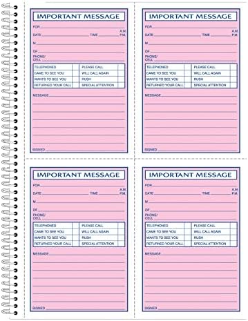 Adams Phone Message Book, 8.06 x 11 Inch, Spiral Bound, 2-Part, Carbonless, 4 Messages per Page, 400 Sets, White and Canary (S1187D)