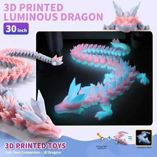Large 3D Printed Dragon,30 Inch 3D Dragon Toys,Bigger Fidget Crystal Animals Toys, 3D Printed Articulated Animals for Home Office Car Desk Decor (Colorful Luminous, 30 inch)
