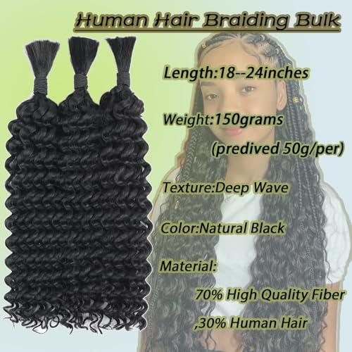 Human Braiding Hair for Boho Braids Synthetic Human Hair Mixed 150g 3 Bundles Deep Wave Bulk Human Hair for Braiding No Weft Curly Braiding Hair Bulk Hair Extensions Natural Color(24Inch)