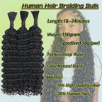 Human Braiding Hair for Boho Braids Synthetic Human Hair Mixed 150g 3 Bundles Deep Wave Bulk Human Hair for Braiding No Weft Curly Braiding Hair Bulk Hair Extensions Natural Color(24Inch)