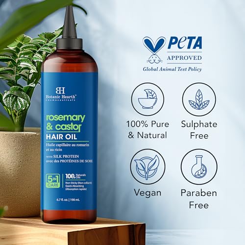 Botanic Hearth Rosemary & Castor Hair Oil (6.7 fl oz) | Nourishing and Strengthening Hair Treatment for Thicker, Healthier-Looking Hair | Paraben Free | Suitable for All Hair Types
