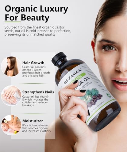Organic Castor Oil Cold Pressed Glass Bottle, 100% Pure, Cold Pressed & Hexane Free, Castor Oil for Hair Growth & Care, Thicker Eyelashes & Eyebrows and Castor Oil Pack, 16 Fl Oz