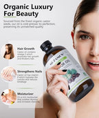 Organic Castor Oil Cold Pressed Glass Bottle, 100% Pure, Cold Pressed & Hexane Free, Castor Oil for Hair Growth & Care, Thicker Eyelashes & Eyebrows and Castor Oil Pack, 16 Fl Oz