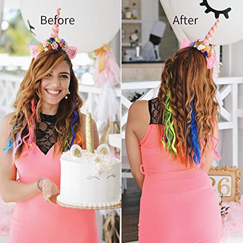 32 PCS Colored Clip in Hair Extensions, BEAHOT 16-21Inch Rainbow Long Curly Wavy Hairpieces Clip in Synthetic, Halloween Cosplay Dress Up Fashion Party Christmas New Year Gift for Women Kids Girls