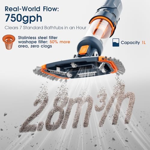 Handheld Rechargable Portable Pool Vacumm, Cordless Spa Cleaner -1h Run Time,High Capacity, Strong Suction,Angle Vac Head, Aluminum Pole,3 Fine Mesh Filter for Hot Tub, Above Ground & Inground Pool