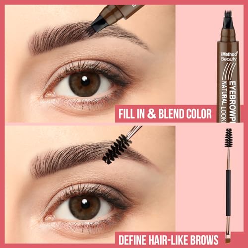 iMethod Eyebrow Pen - Eyebrow Pencil Magical Upgraded Eye Brow Pencils for Women with 4 Fork Tip & Spoolie Brush for Hair-Like Defined Natural Brows, Last All-Day, Microblading Eyebrow Pen, Black