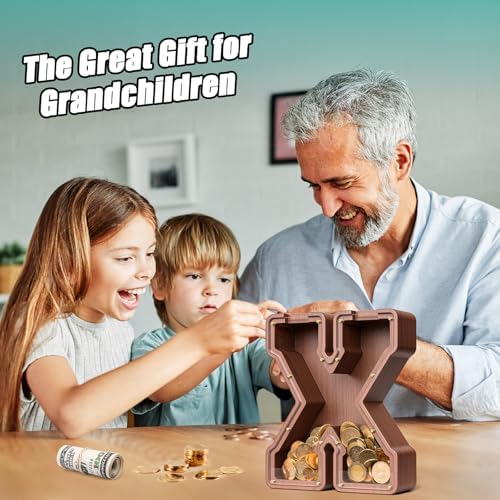 Summidate Wooden Letter Piggy Bank, Extra Thick Large Capacity Piggy Bank for Kids Boys Girls Toddler, Alphabet X Money Bank| Coin Box Birthday, Christmas, Festival