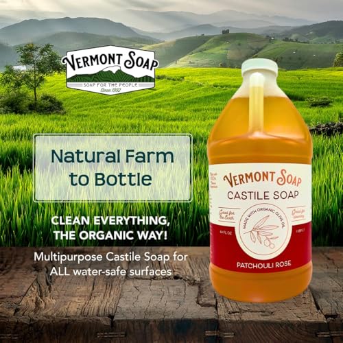 Vermont Castile Soap Patchouli Rose, Gentle Liquid Soap for Sensitive Skin & Natural Body Wash, Organic Hair Shampoo for Oily Hair, Aloe Castile Soap for Men & Women - 64 Oz