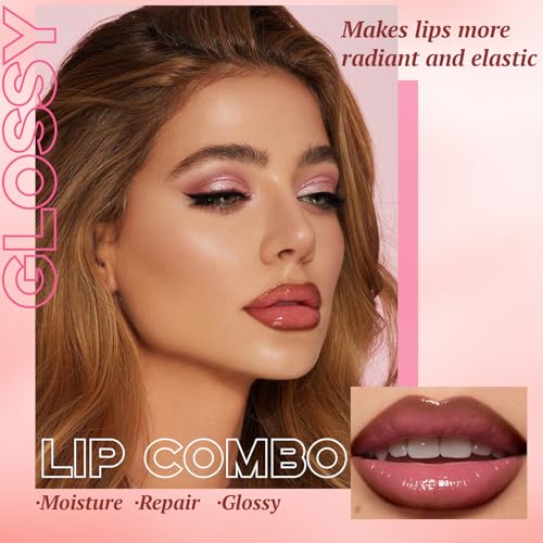 2 Colors Nourishing Lip Gloss with Peel Off Lip Liner Stain Combo for Women, Waterproof Long Wear Tattoo Lip Stain, Non Sticky High Glossy Lip Tint Brown Lip liner Set Lip Glow Oil Makeup