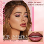 2 Colors Nourishing Lip Gloss with Peel Off Lip Liner Stain Combo for Women, Waterproof Long Wear Tattoo Lip Stain, Non Sticky High Glossy Lip Tint Brown Lip liner Set Lip Glow Oil Makeup