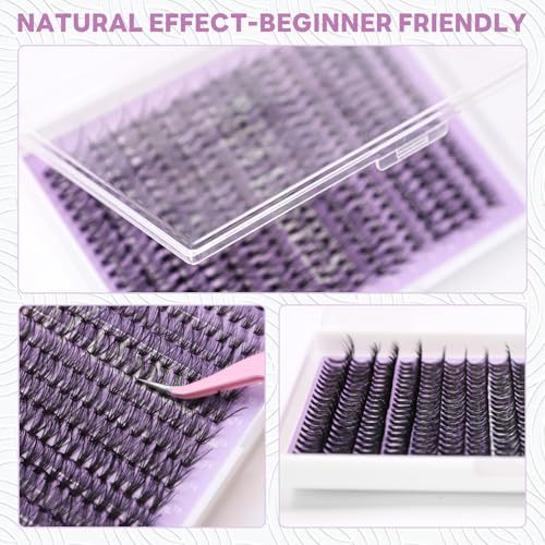 60D Natural Lash Clusters Lash Extensions Kit 252 Pcs Fluffy Eyelash Clusters DIY Individual Lashes Extensions D Curl Left & Right Eyelash Cluster with Bond and Seal and Tweezers