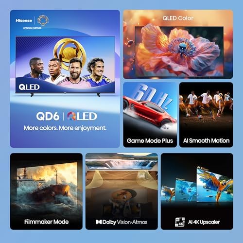 Hisense 55" Class QD6 Series (55QD6QF, 2025 Model) QLED 4K UHD Smart Fire TV, Voice Remote with Alexa, Dolby Vision, Dolby Atmos, Motion Rate 120, HDR 10+, Game Mode Plus, MEMC, VRR, ALLM
