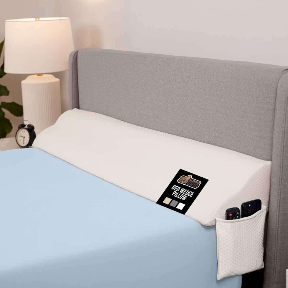 GORILLA GRIP King Bed Wedge Pillow for Headboard Gap, Filler Between Mattress Gaps, US Designed, Comfortable Supportive High Density Cushion Foam Pillows, Stay in Place Gripping Dots, White