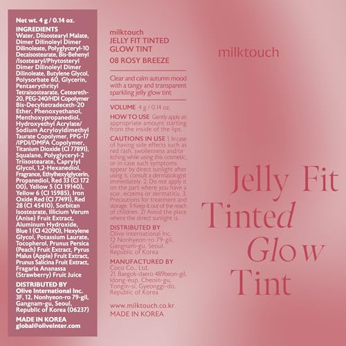 MILKTOUCH Jelly Fit Glow Lip Tint 08 Rosy Breeze - Hydrating Lip Gloss with Long-Lasting Moisture, Lip Stain, Lightweight, Radiant Shine, Perfect for Daily Use, Korean Lip Oil