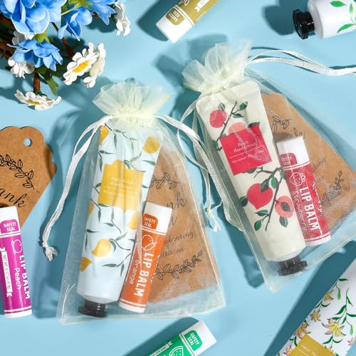 AZEN 24 Sets Hand Cream Bulk and Lip Balm Bulk Set, Bridal Shower Gifts for Guests, Thank You Gifts for Coworkers Women Men with Organza Bag Thank You Card, Bridal Wedding Favors for Guests