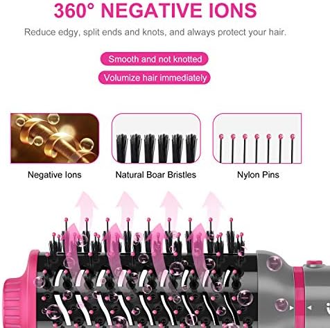 IG INGLAM 4 in 1 Blowout Brush, Negative Ion Detachable Hair Dryer & Styler Volumizer Hot Air Brush with 2 Styling Brush Heads, Silver