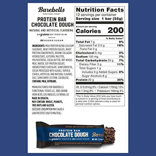 Barebells Protein Bars Chocolate Dough - 12 Count, 1.9oz Bars - Protein Snacks with 20g of High Protein - Chocolate Protein Bar with 1g of Total Sugars - On The Go Protein Snack & Breakfast Bars