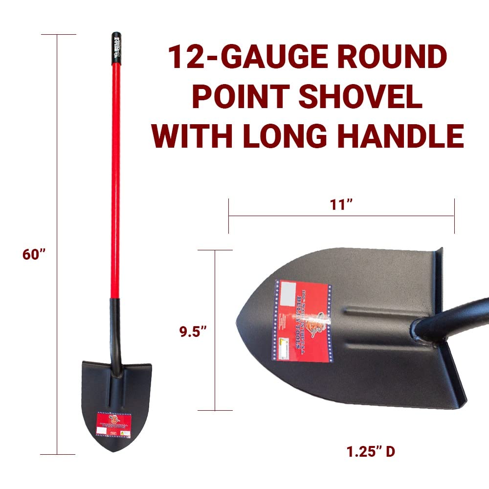 Bully Tools 12-Gauge Round Point Gardening Shovel | Heavy Duty Fiberglass Long Handle | Spade Shovels for Digging, Trenching and Planting | Steel Body Gardening Hand Tools, 100% Made in USA