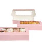 qiqee 50 Packs Pink Cookie Box with Window 12x5.5x2.5 Inch Two Uses Pastry Biscuit Bakery Box For Packaging