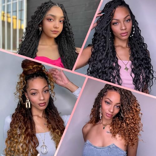 Crochet Hair for Black Women,18 Inch Pre Looped 8 Packs Goddess Box Braids Crochet Hair,Boho Box Crochet Braids with Curly Ends,Bohemian Box Knotless Braids Synthetic Hair Extensions,#1B