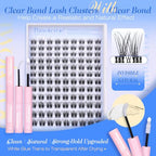 Pawotence Lash Clusters Kit Wispy Clear Band Lash Extension Kit 10-16mm Cluster Eyelash Extensions Kit Individual Lashes Wipsy Eyelash Clusters with Clear Lash Bond and Seal, Lash Tweezers