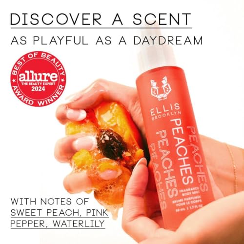 Ellis Brooklyn PEACHES Hair And Body Mist - Fruity Floral Perfume For Women with Sweet Peach, Rosebud, & Sandalwood, Vegan Perfume Made In The USA