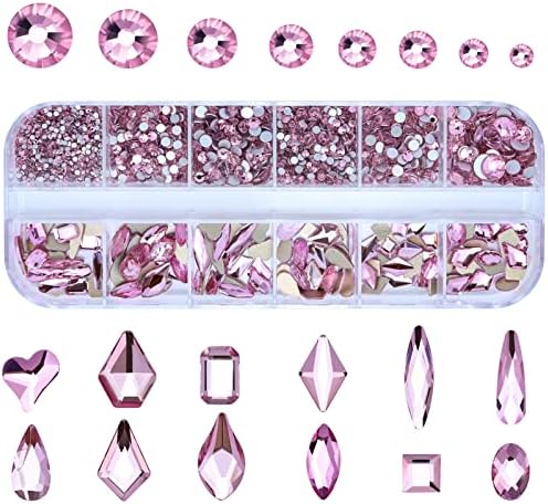 Dowarm 3200PCS Nail Art Rhinestones, Light Pink Flatback Rhinestones for Nails, Crafts, 12 Styles 3D Glass Crystal Nail Gems