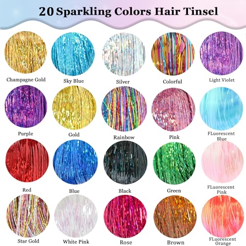 Hair Tinsel Kit (20 Colors, 4400 Strands, 48 Inches) Sparking Tinsel Hair Extensions Kit with Tools, Fairy Hair Tinsel Kit Heat Resistant Highlights Glitter Hair Extensions Hair Tensile Kit