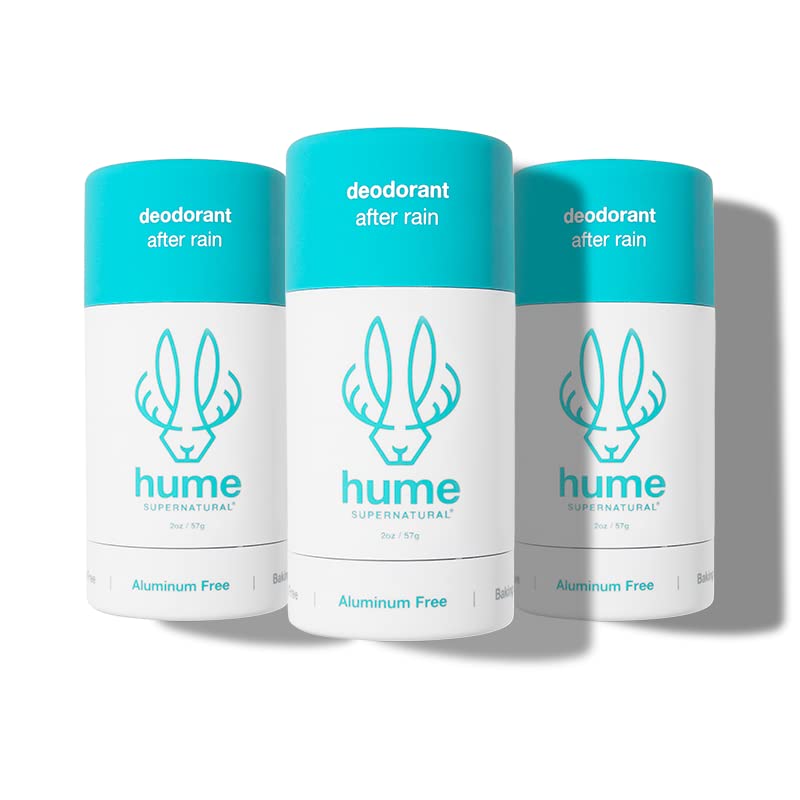 Hume Supernatural Aluminum Free Deodorant for Women & Men - Safe for Sensitive Skin - Probiotic, Plant-Based, Baking Soda Free, Aloe, & Cactus Flower, Anti Sweat, Stain & Odor - After Rain, 3-Pack