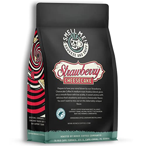 Bones Coffee Company Strawberry Cheesecake Flavored Coffee Beans, Whole Bean Coffee Medium Roast Low Acid, Strawberry Cheesecake Flavor (12 oz)