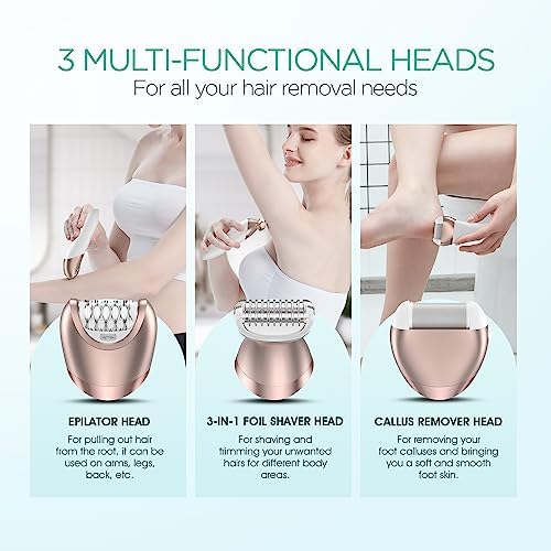 VOYOR Epilator for Women, 3 in 1 Epilator Hair Removal for Women, Epilators Hair Remover for Leg Arm with 30 Tweezers, Rechargeable & Cordless Electric Lady Shaver & Trimmer BM300 (Champagne Gold)