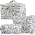 Cute Makeup Bag for Women(2 Pcs), Travel Cosmetic Bags, Quilted Coquette Aesthetic Floral Toiletry Organizer Bag (22 - Black Flower)