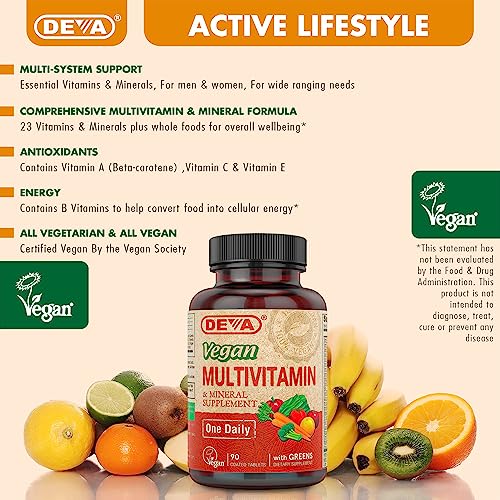 DEVA Vegan Multivitamin & Mineral Supplement with Iron 2-Pack, Spirulina, Chlorella, Ashwagandha, Broccoli & More, 90 Coated Tablets Each