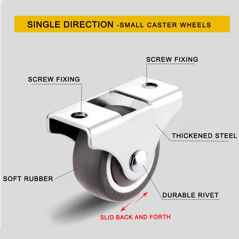 8Pcs 1-1/4 Inch Mini Rigid Caster Wheels, Small Low Profile Rubber Rolling Wheels with Steel Top Plate, Little Casters Wheels for Furniture, Under Bed Storage Drawers, Non Swivel