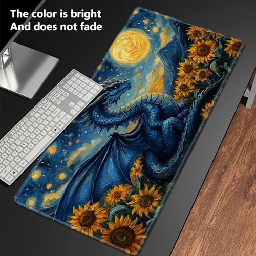 Playmats for Magic: The Gathering MTG Card Game Mat Plus 50 Pcs Card Sleeves, 24 x 14 inch TCG Mat with Stitched Edge for Commander Deck Duskmourn Board Game, Blue Dragon Sunflowers Sky