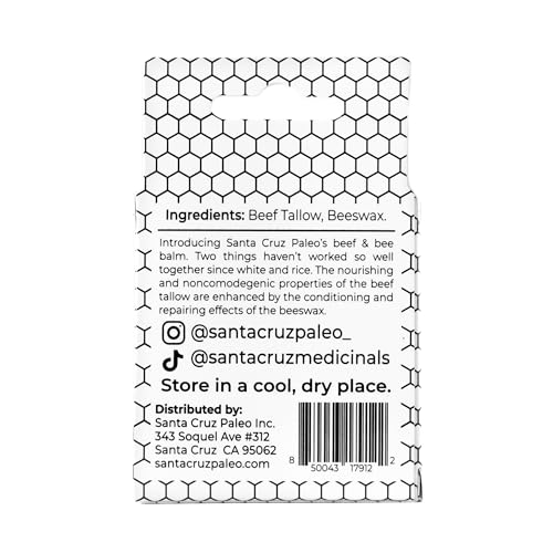 Santa Cruz Paleo Grass Fed Beef Tallow & Beeswax Lip Balm, 4 Pack, Beef Tallow for Skin Care Moisturizer, Lip Care for Dry Chapped Lips, Hypoallergenic for Sensitive Skin, Long Lasting & Vitamin Rich