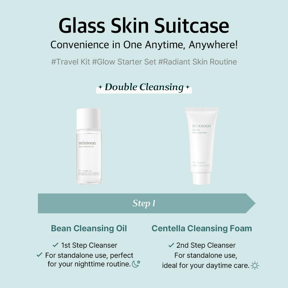 mixsoon Glass Skin Suit Case Set-5-Step Skincare Kit - Hydrating and Radiance-Cleansing Oil, Foam, Essence, Cream 105ml / 3.55 fl.oz. Korean Glass Skin Care