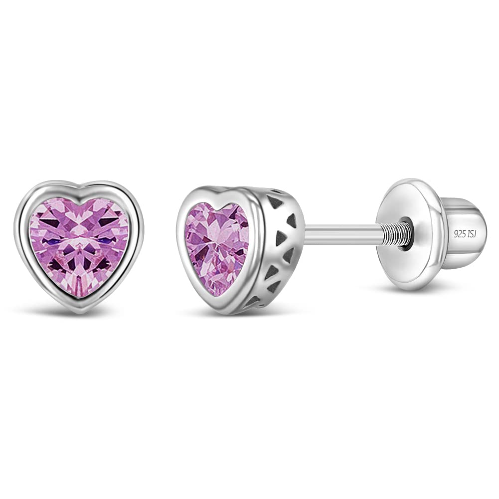 In Season Jewelry CZ Birthstone Heart Kids Earrings - 925 Sterling Silver Hypoallergenic for Girls with Secure Screw Backs - Safe & Comfortable for Toddlers & Kids - Pink