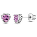 In Season Jewelry CZ Birthstone Heart Kids Earrings - 925 Sterling Silver Hypoallergenic for Girls with Secure Screw Backs - Safe & Comfortable for Toddlers & Kids - Pink
