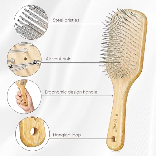 BFWood Bamboo Hair Brush with Steel Bristles, Help Hair Growth and Massaging Scalp