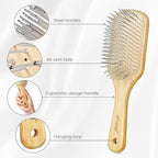 BFWood Bamboo Hair Brush with Steel Bristles, Help Hair Growth and Massaging Scalp