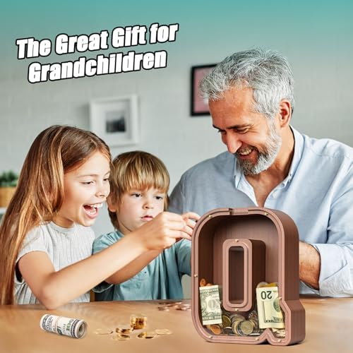 Summidate Wooden Letter Piggy Bank, Extra Thick Large Capacity Piggy Bank for Kids Boys Girls Toddler, Alphabet Q Money Bank| Coin Box Birthday, Christmas, Festival