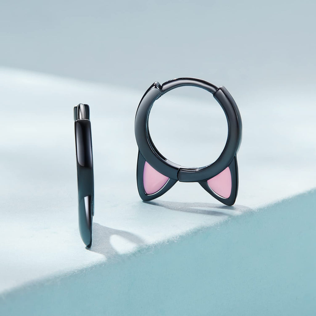 Black Cat Small Hoop Earrings Sterling Silver 925 Cute Animal Pet Pink Ears Cartilage Tragus Earrings Tiny Round Huggie Hoops Statement Earrings Fashion Jewelry for Women Girls