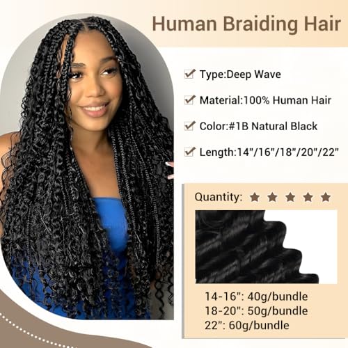 Human Braiding Hair for Boho Knotless Braids 2 Bundles 16 Inches 80g Deep Wave 10A Brazilian Virgin Human Bohemian Hair for Braiding Natural Black 1B