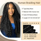 Human Braiding Hair for Boho Knotless Braids 2 Bundles 16 Inches 80g Deep Wave 10A Brazilian Virgin Human Bohemian Hair for Braiding Natural Black 1B