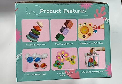 Weilim Baby Toys for 6 to 12 Months, Montessori Sensory Bins & Teething Toys, 6 in 1 Stacking Blocks, Rings, Eggs, Spinner, Crab Shape, 27 Pieces, Ages 6-36 Months