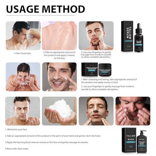 Wrinkle Defense Tallow Balm, Skin Care for Men, Mens Face Care Set (Tallow Cream + Tallow Night Serum + Tallow Face Wash), Moisturizer & Anti Wrinkles for Men Day & Night(1 SET)
