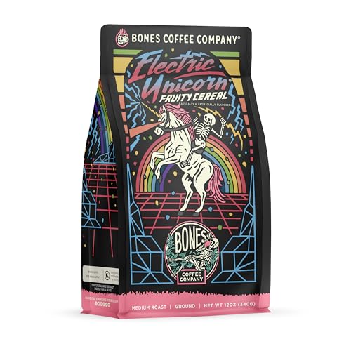 Bones Coffee Company Electric Unicorn Flavored Coffee Beans, Medium Roast Ground Coffee Low Acid, Fruity Cereal With Milk Flavor (12 oz)